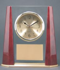 7" Glass Desk Clock with Rosewood Finish Bevel Columns